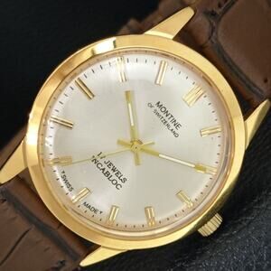 Vintage 1973 Montine Of Switzerland  Manual Mens Gold Watch W/Leather Strap
